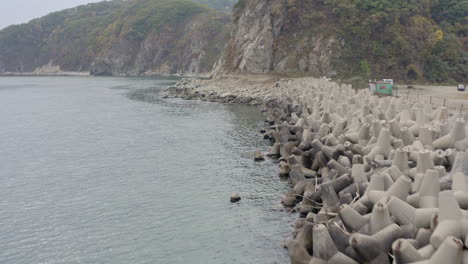 오른쪽에 부두가 있고 배경에 가파른 숲이 우거진 절벽이 있는 콘크리트 파도 차단기 줄 위로 날아갑니다.