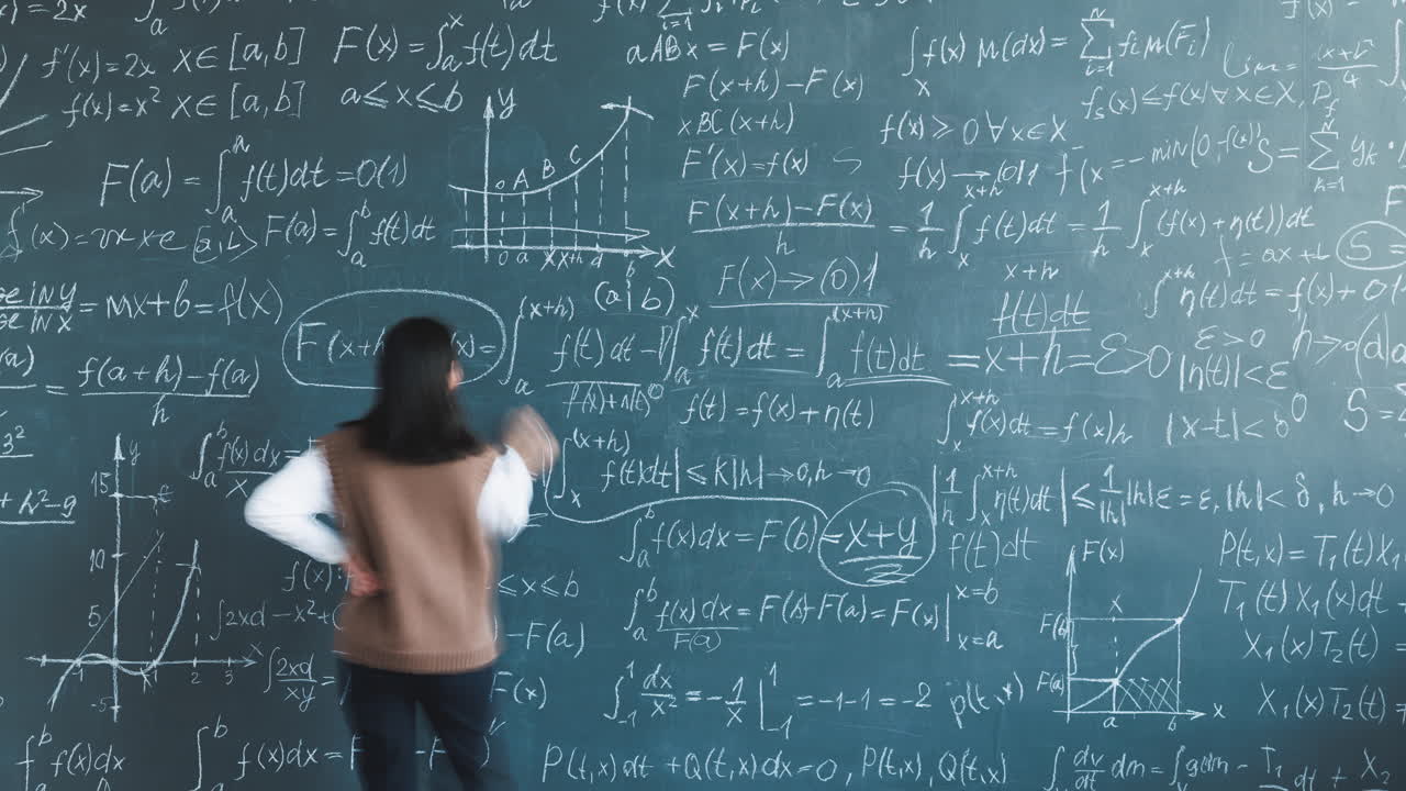 Math Equations on a Blackboard with a Student