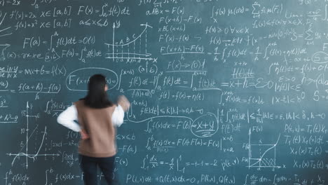 math equations on a blackboard with a student