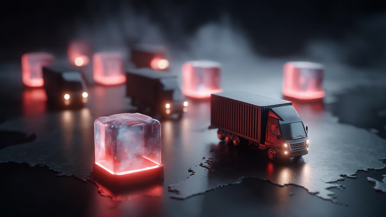 Miniature Trucks and Glowing Ice Cubes Create a Captivating Scene, Highlighting an Intriguing Combination of Transportation and Modern Design in an Atmospheric Setting