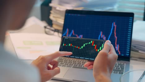 person analyzing stock market charts on laptop and mobile phone