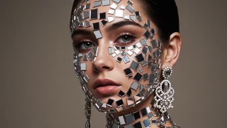 a stunning portrait of a model adorned with mirror mosaic elements, highlighting intricate details and a unique aesthetic in a contemporary fashion context