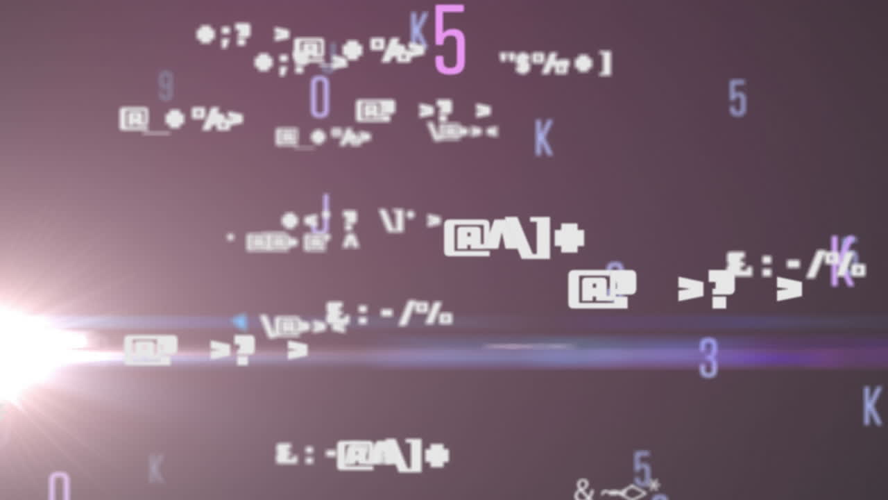 Animation of changing numbers, letters and symbols with moving light and processing data on black