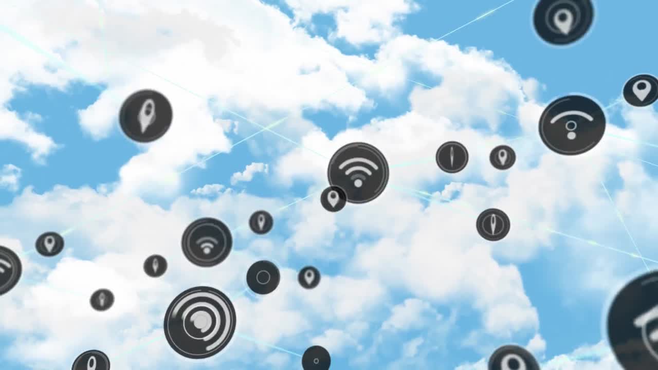 animación de la red de conexiones con iconos sobre nubes en el cielo