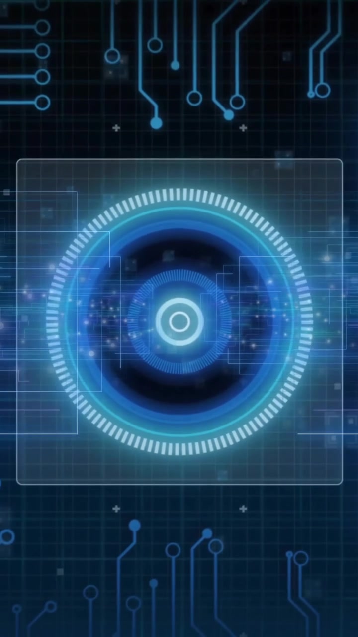 Animation of glowing circular element with circuit patterns in futuristic interface