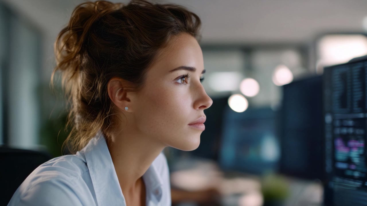 Focused Professional Analyzing Data on Computer Screens in a Modern Office Environment with a Determined Expression and Engaging Look