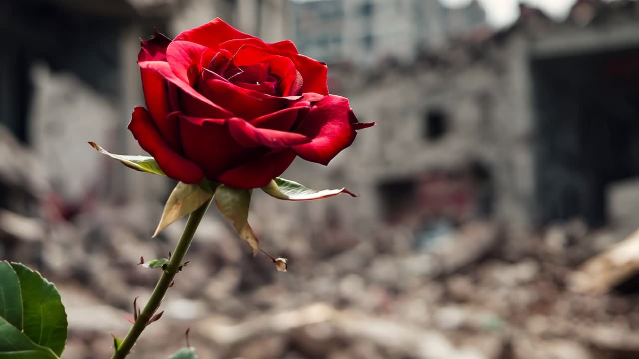 잔해 어리 위에 앉아 있는 단 하나의 은 장미
