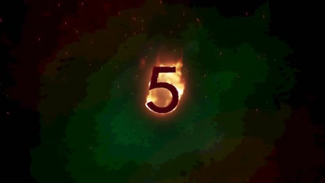 animation of 5 text in burning flames over dark background