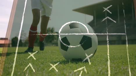 animación de los planes de juego sobre el jugador de fútbol caucásico en el estadio