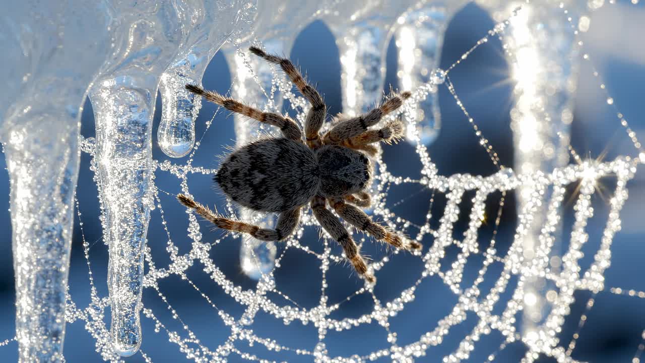 Håret edderkop på et glitrende frosset spind med istapper