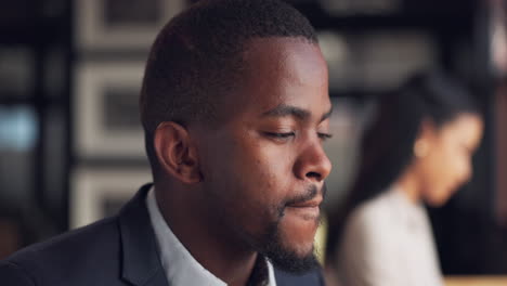 business, thinking and black man with coffee