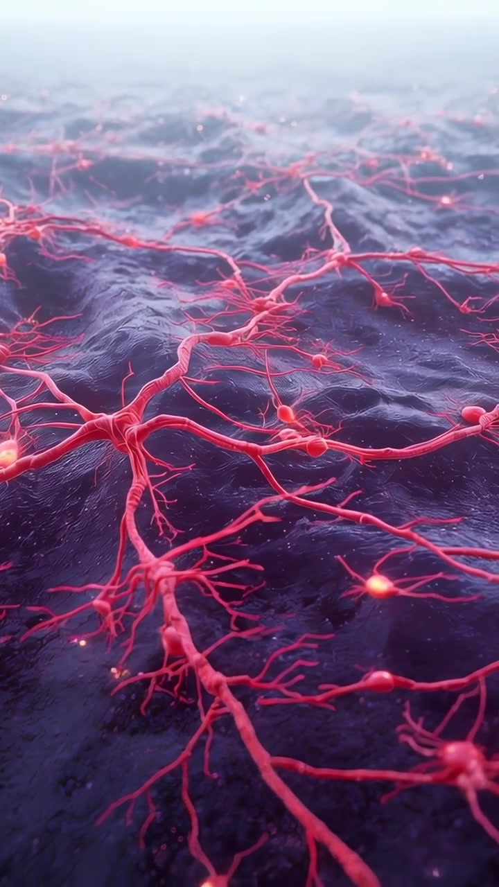 Video verticale: Telecamera in movimento che mostra una rete neurale rossa su un pavimento scuro e sfocato, rivelando nodi pulsanti.