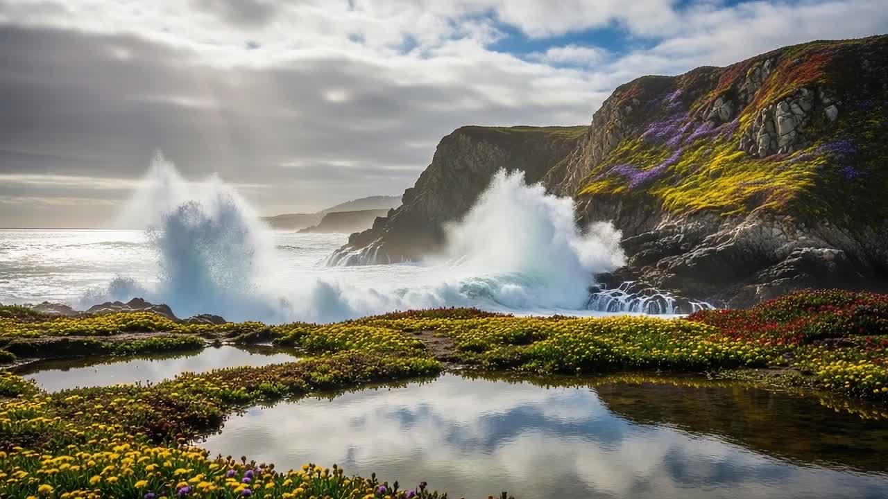 Spectacular Coastal Scene with Stunning Waves and Vibrant Wildflowers Reflecting in Tranquil Pools under Dramatic Sky and Rugged Cliffs by the Sea