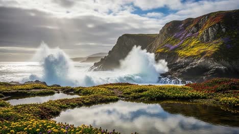 spectacular coastal scene with stunning waves and vibrant wildflowers reflecting in tranquil pools under dramatic sky and rugged cliffs by the sea