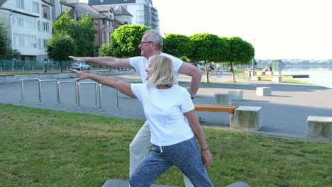 elderly married couple is exercising doing yoga outdoors on the green lawn of the park at dawn elderly married couple is exercising doing yoga outdoors on the green lawn of the park at dawn healthy lifestyle concept