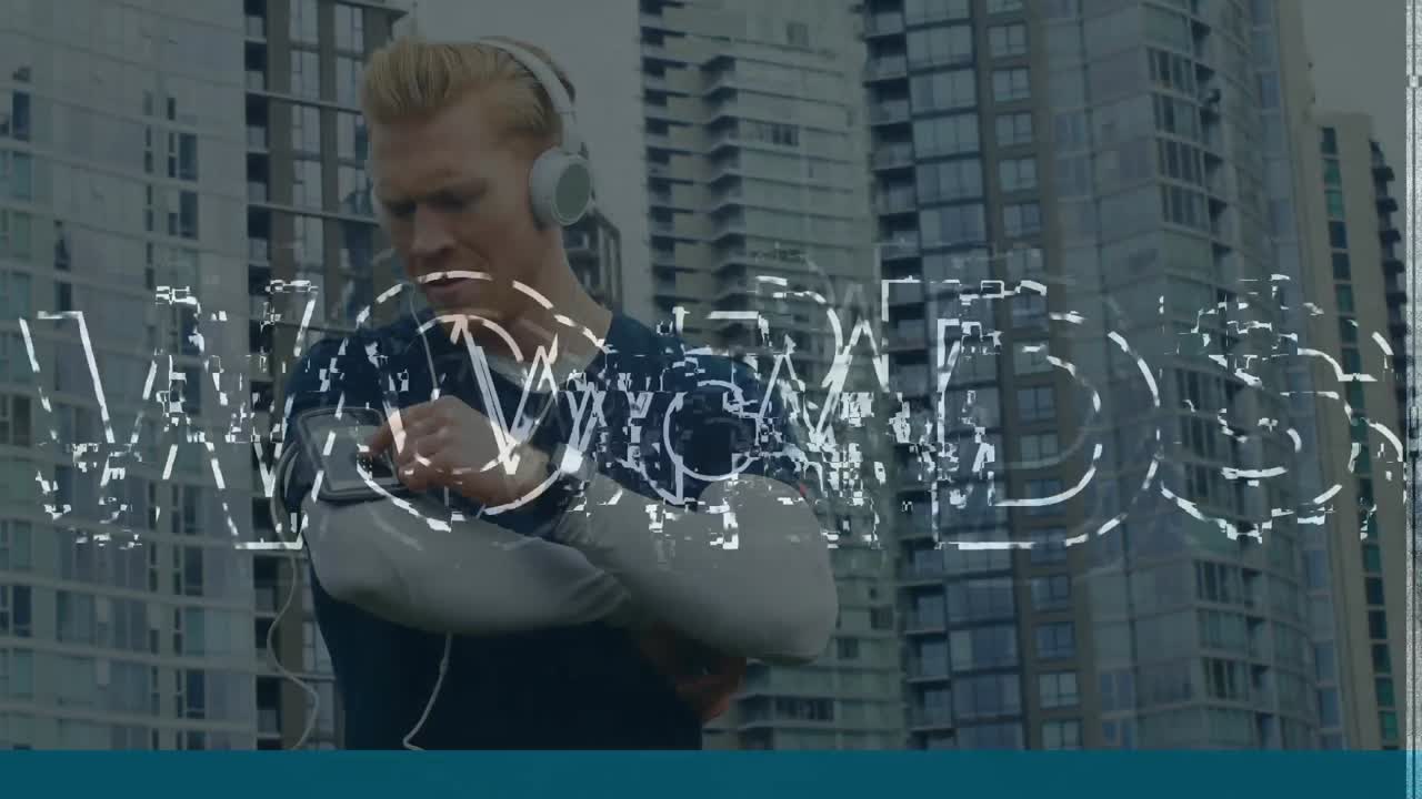 animación de la palabra wow sobre el hombre corriendo y usando el teléfono inteligente