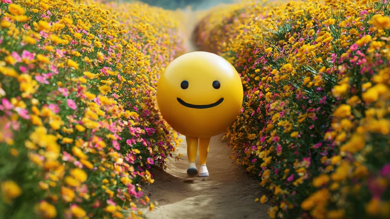 A joyful yellow smiley face character strolls through a vibrant flower field, embodying happiness and positivity amidst a beautiful natural landscape bursting with colorful blooms