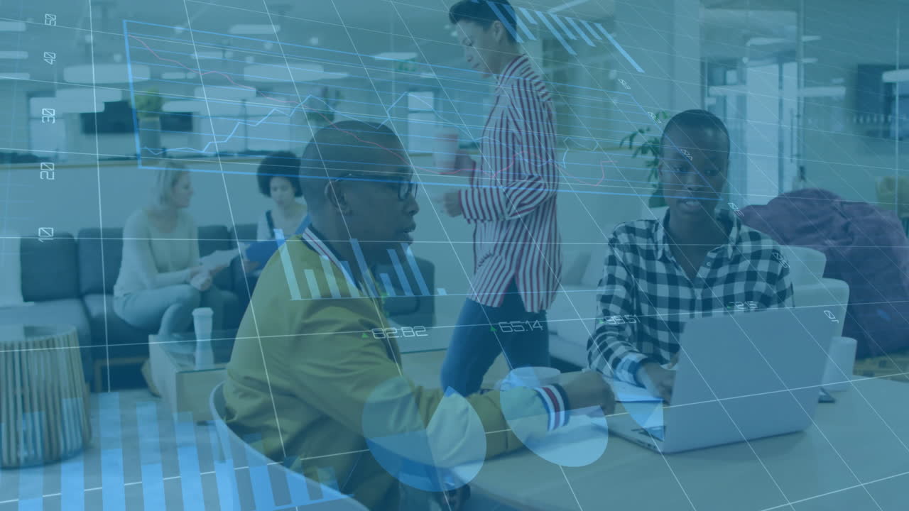 Financial data processing animation over diverse business people in office