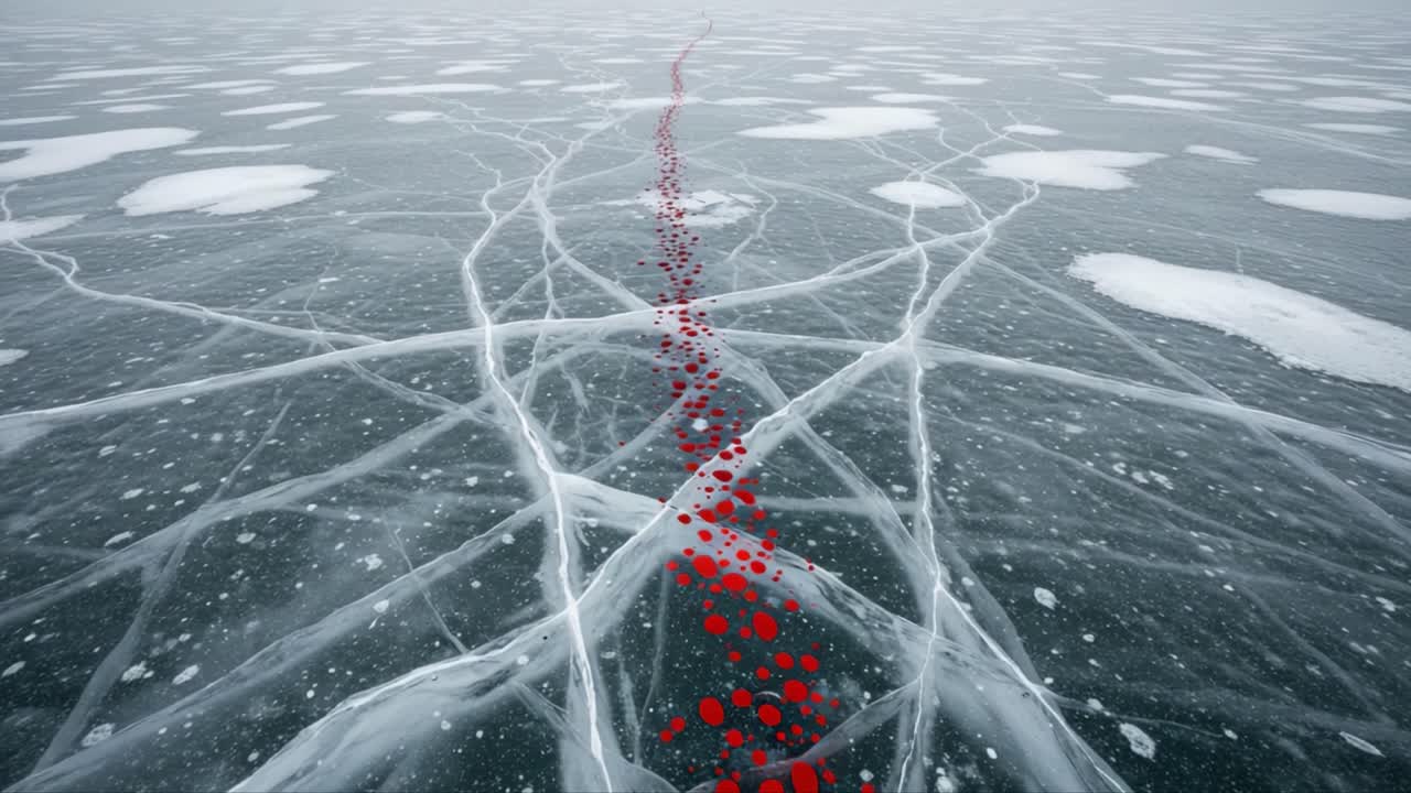 An Ethereal Journey Across Frozen Waters: A Striking Path of Red Markers on a Glacial Ice Surface Overlaid with Intricate Cracks and Patterns