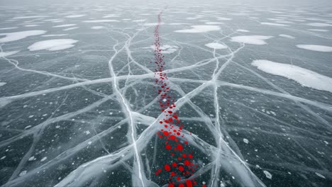 an ethereal journey across frozen waters: a striking path of red markers on a glacial ice surface overlaid with intricate cracks and patterns