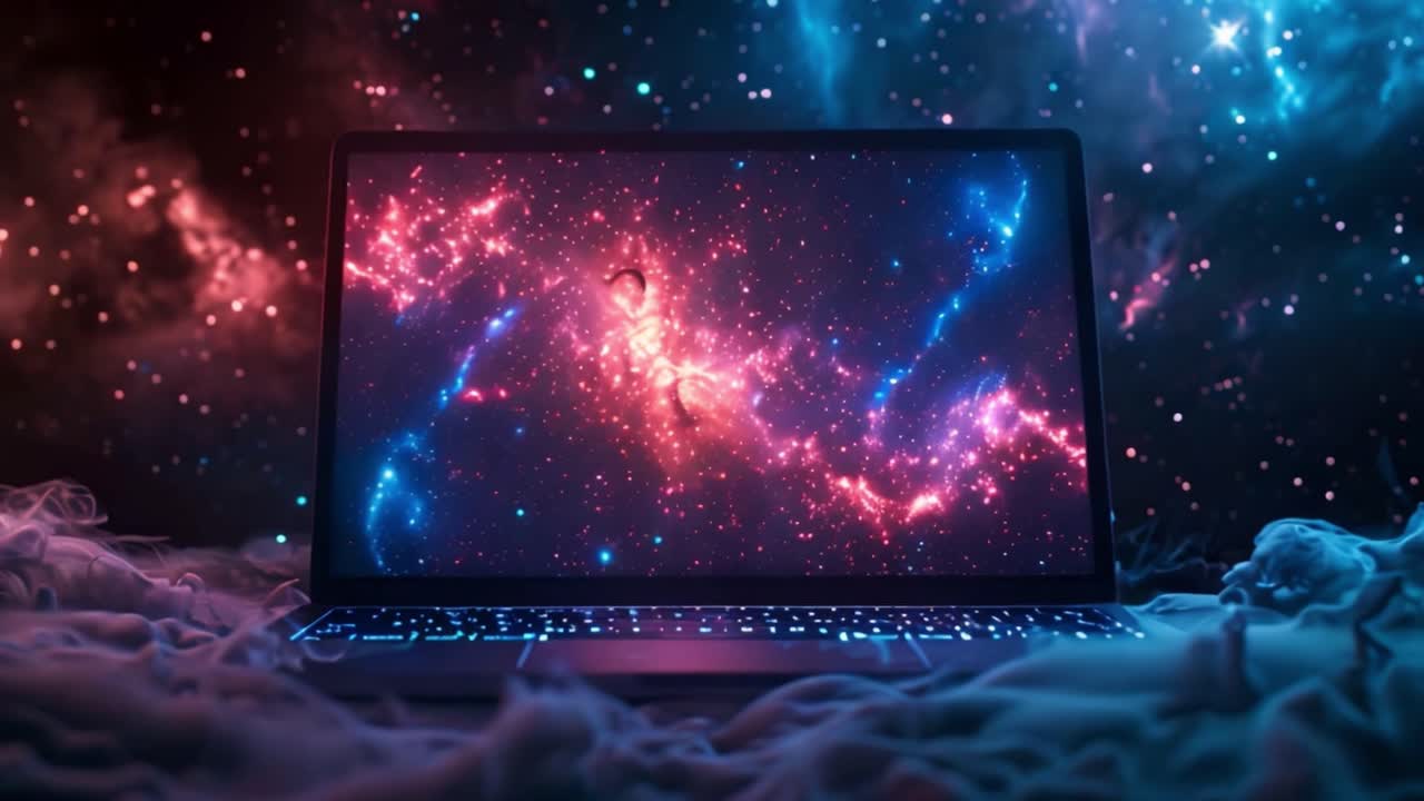 Laptop Displaying a Cosmic Galaxy Against a Starry Background