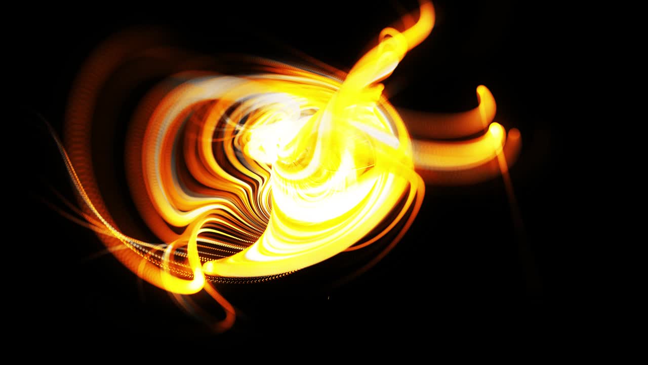 el flujo de partículas forma líneas amarillas rizadas como senderos de luz brillante o rayas, las líneas forman un patrón giratorio como ruido de rizado. animación 3d abstracta como brillante creativa festiva bg. líneas rápidas de luz