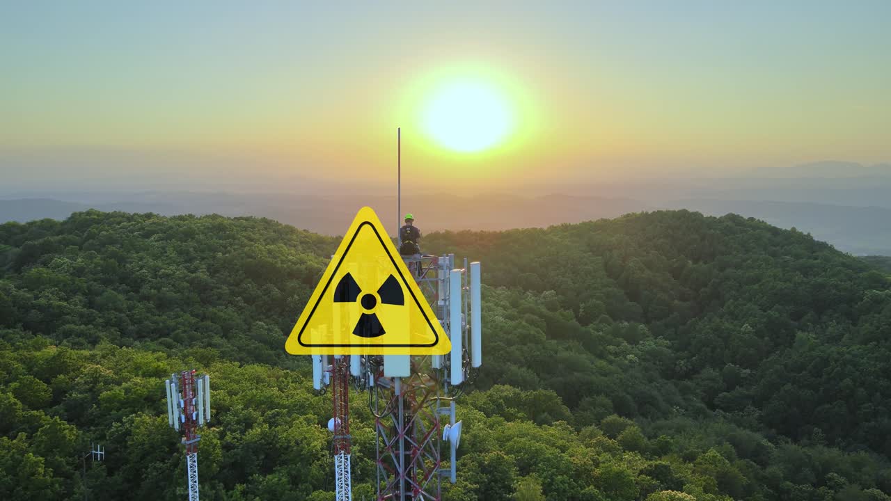 Engineer working at telecom tower with animated radiation warning sign