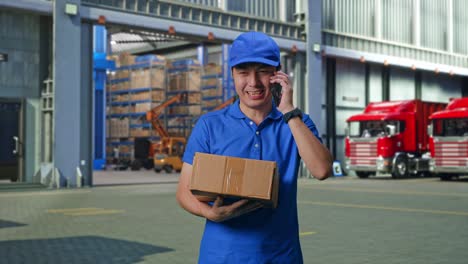 asian male courier in blue uniform talking on smartphone while delivering a carton, outside of logistics distributions warehouse