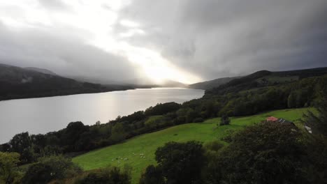 Vista-Aérea-De-Los-árboles-De-La-Orilla-Del-Río-Del-Valle-Verde-Con-El-Lago-Tummel-En-El-Fondo