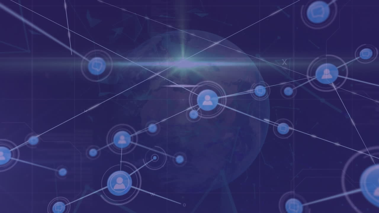 디지털 아이콘 네트워크와 파란색 배경에 대한 지구상의 빛 점의 애니메이션