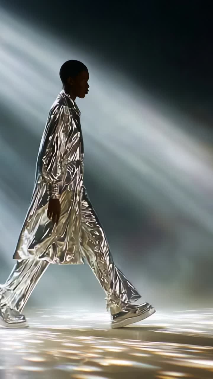 A striking silhouette of a model wearing a metallic outfit, gracefully walking through beams of light, showcasing modern fashion in an artistic presentation