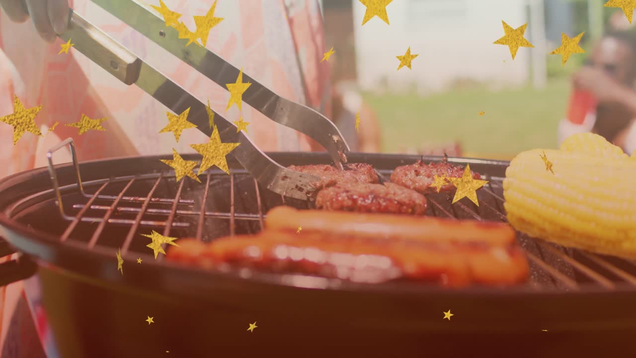 다양한 친구 들 이 바비큐 를 하고 맥주 를 마시는 그룹 위 에 있는 별 들 의 애니메이션