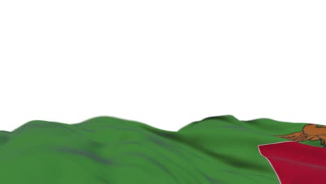 zambia fabric flag waving on the wind loop. zambian embroidery stitched cloth banner swaying on the breeze. half-filled white background. place for text. 20 seconds loop.