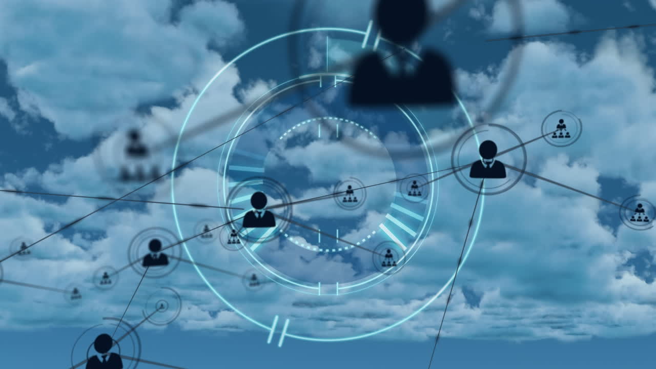 animación de la red de conexiones con personas iconos y escaneo de alcance en el cielo