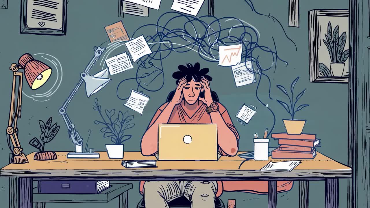 Illustration of a stressed person at a cluttered desk with papers flying, viewed from a front angle
