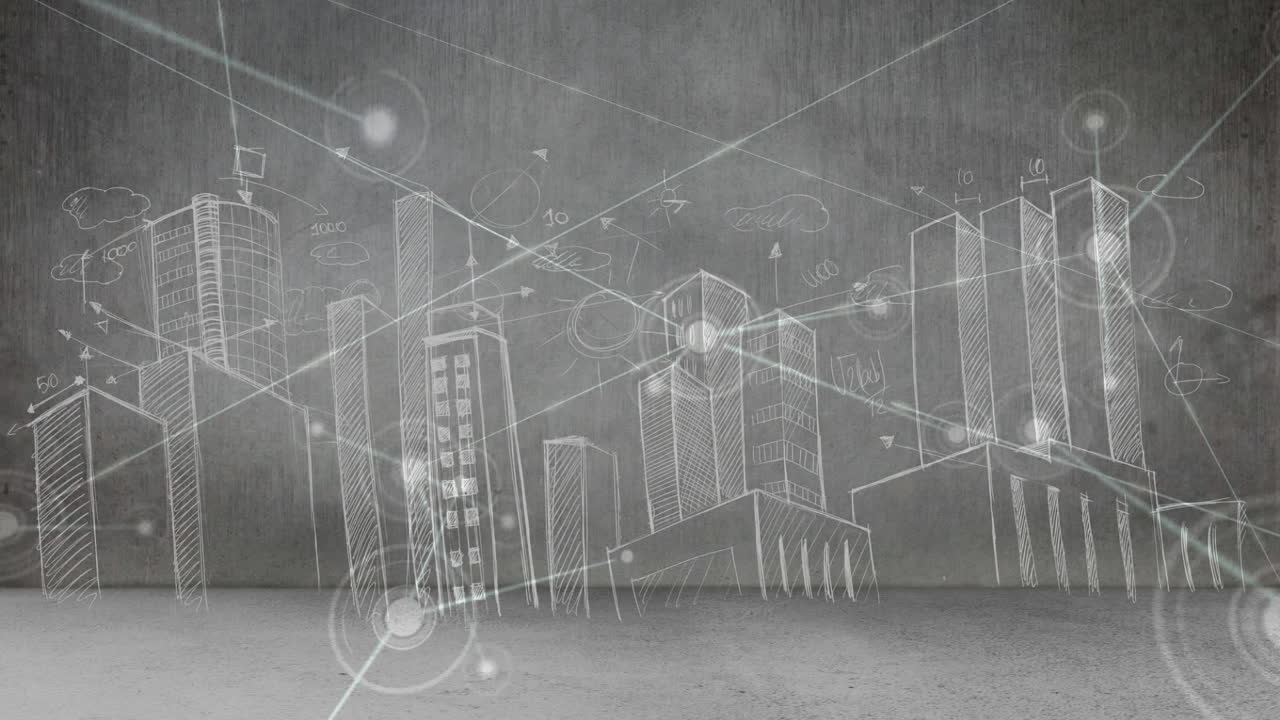 conexión de línea abstracta con el fondo de la ciudad dibujada