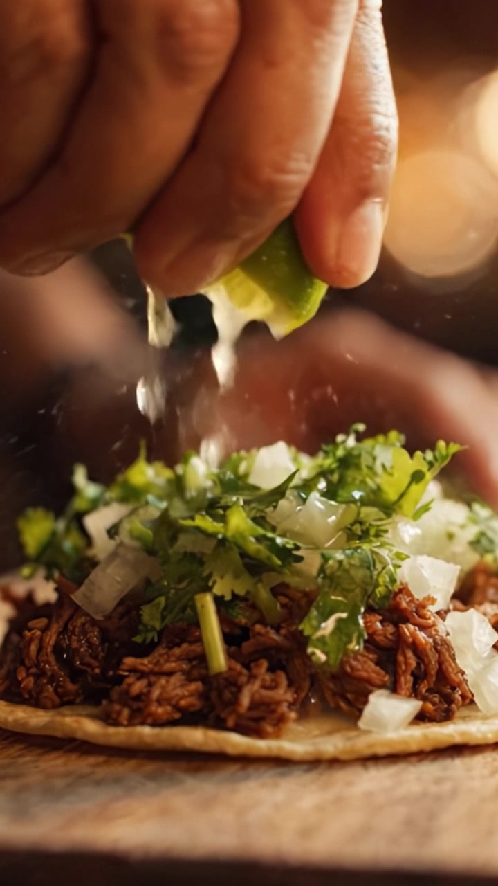 En velsmagende kødtaco toppet med friske løg og koriander, der dryppes med lime, viser de levende teksturer og farver i et mundvandsløbende nærbillede