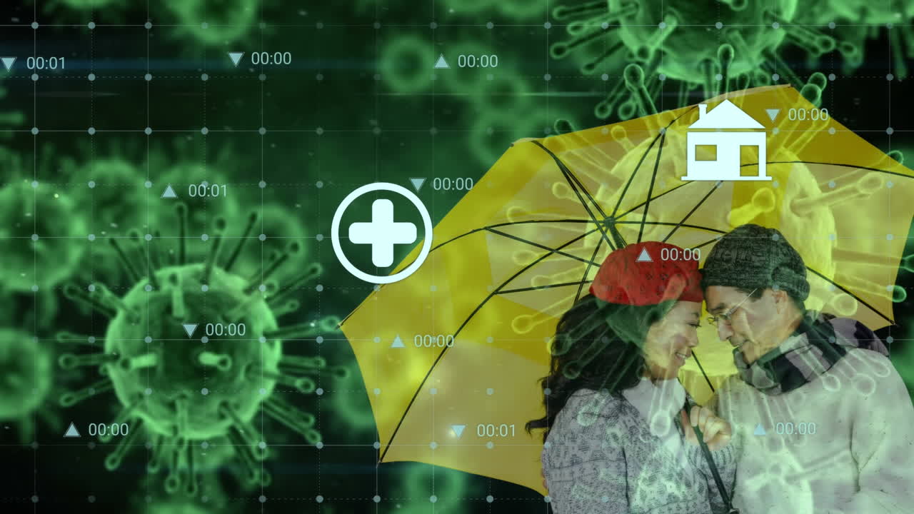 바이러스 세포와 아시아 커플에 대한 데이터 처리 애니메이션