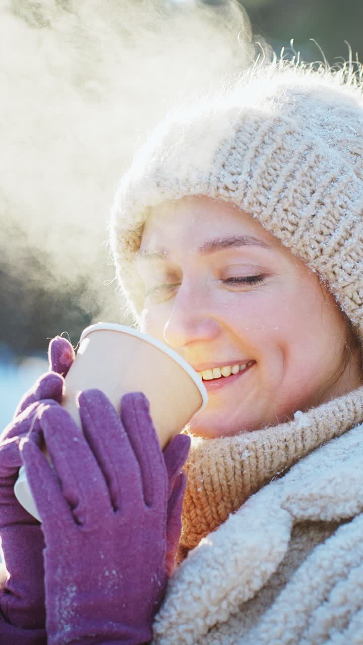 Donna che si gusta una bevanda calda in inverno
