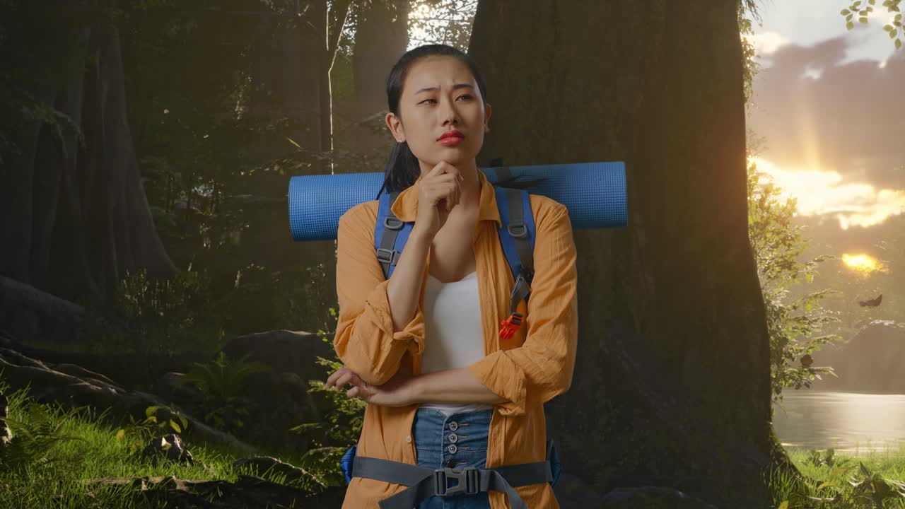 해가 뜨고 해가 지는 동안 숲에서 산책하는 여자