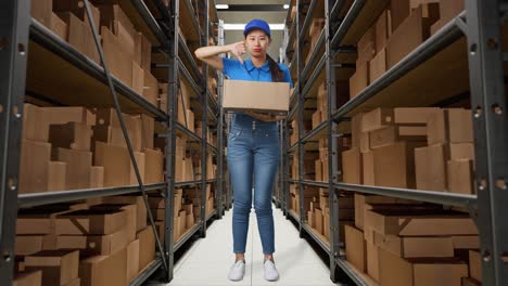 full body of unsatisfied asian female courier in blue uniform showing thumbs down gesture while delivering a carton in warehouse