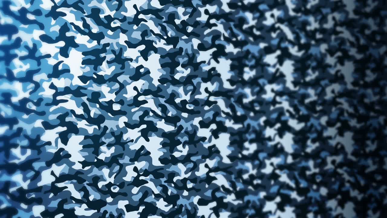 파란색 위장 패턴 배경, 군사 유니폼 개념, 추상적인 선과 파동 텍스처, 루프 애니메이션