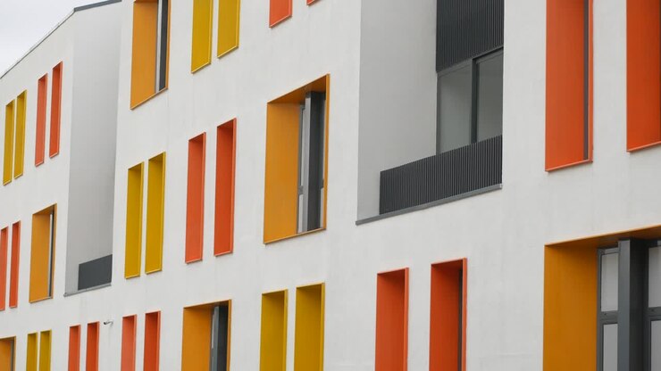 La colorida fachada de un edificio de apartamentos moderno