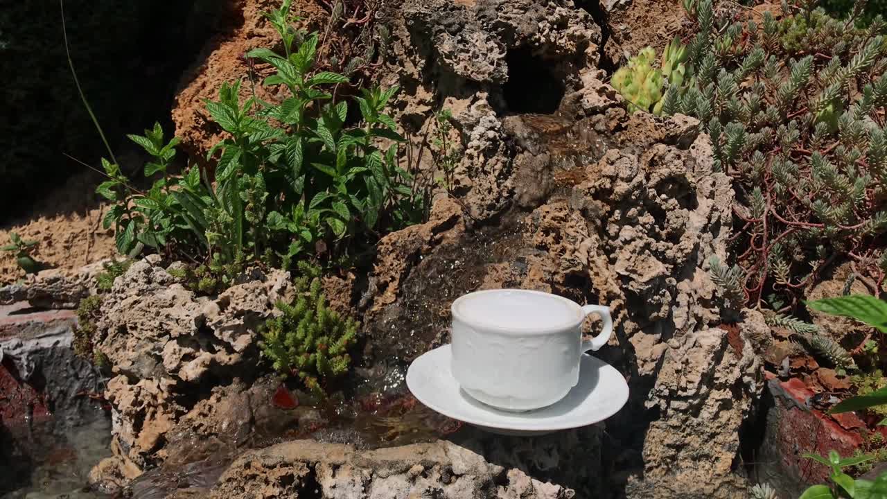 Relaxing Outdoor Coffee Moment: Homemade Creamy Cappuccino, Flowing Garden Fountain