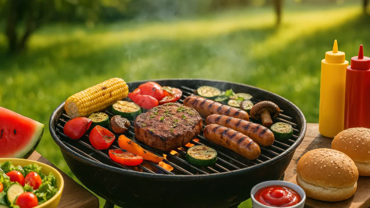 Vista aerea di un barbecue con salsicce, bistecca e verdure