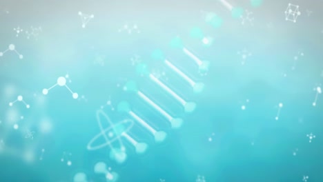 animation of macro of dna strand spinning and molecules over blue background