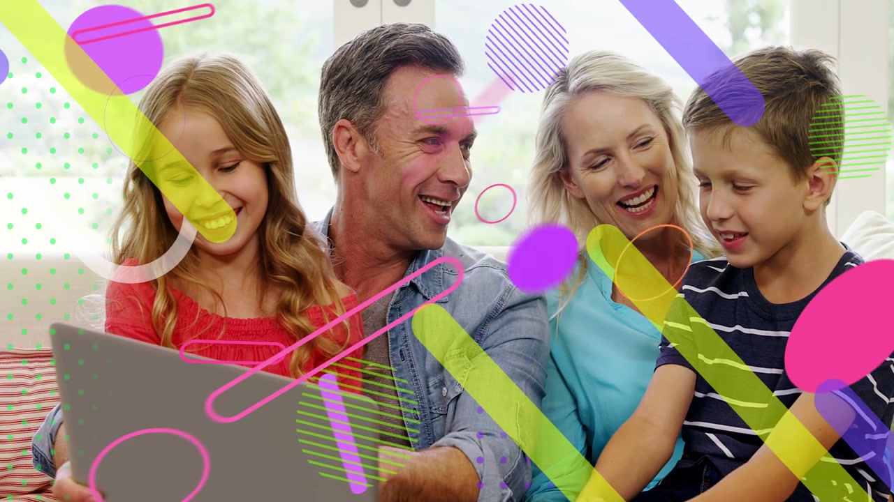 Family on sofa, girl tapping laptop initiating tech graphics demo sweeping across faces and laptop