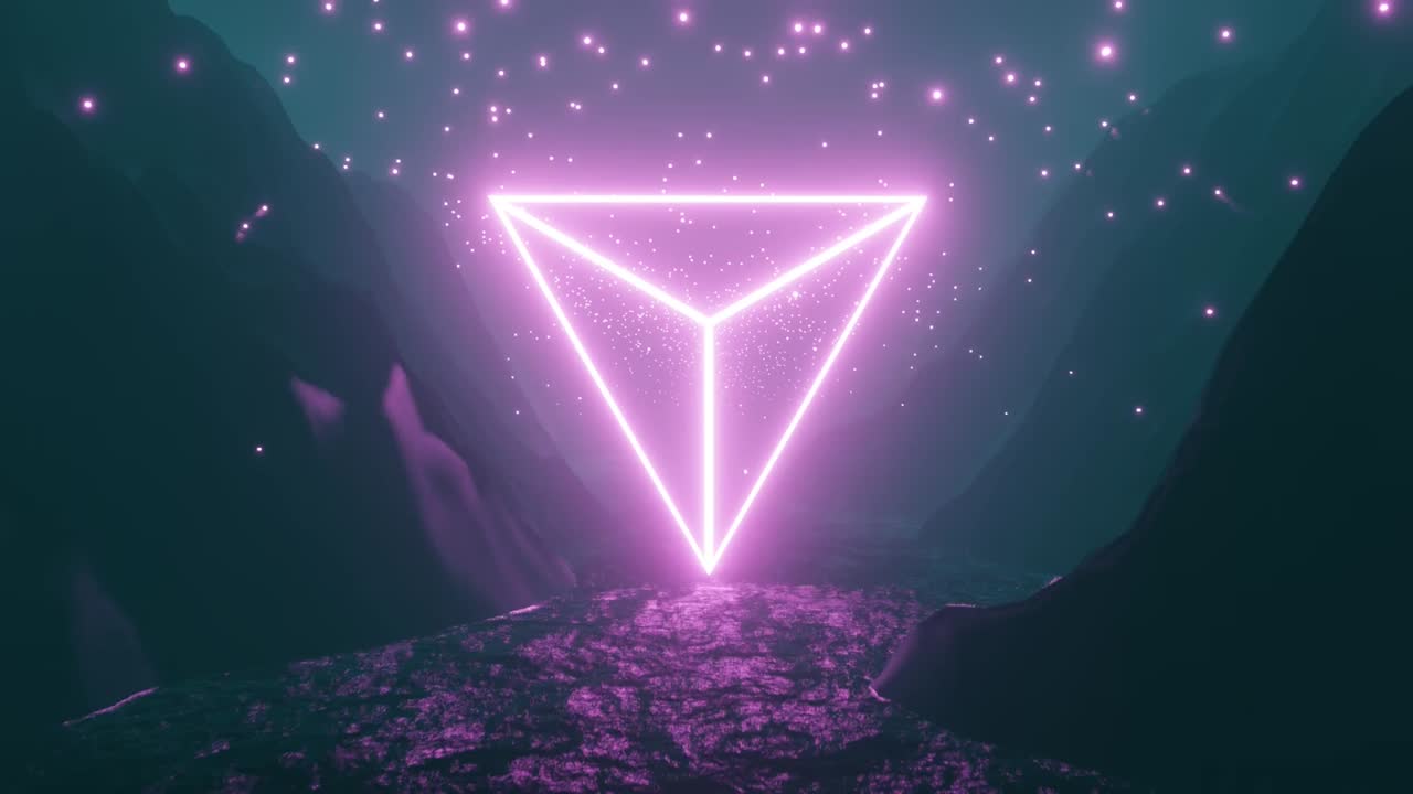 animación de video de 4k de la orilla del río y el paisaje de la montaña, con un entorno rosa mágico y un triángulo de efecto neón flotando sobre el río.