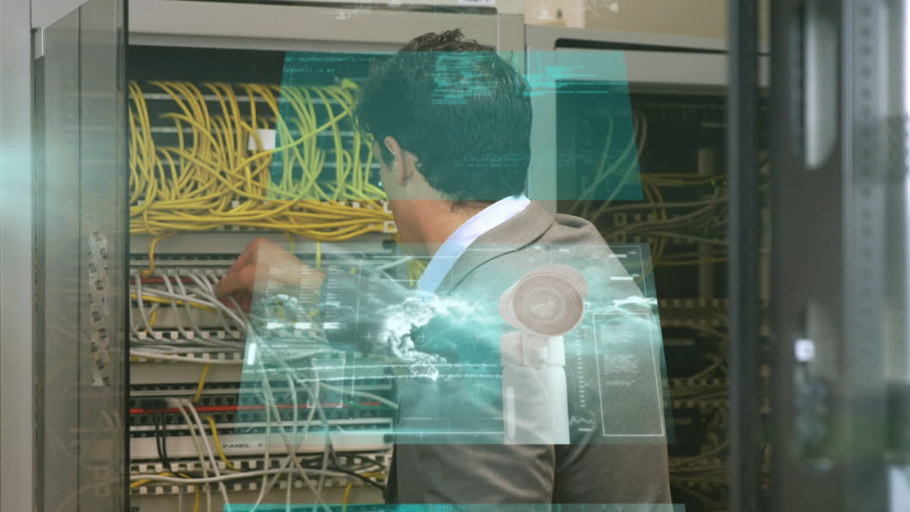 Animation of data processing over caucasian man in server room