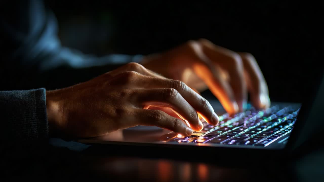 A Close-Up View of Hands Actively Typing on a Laptop Keyboard Illuminated by Colorful Backlighting in a Dark Environment, Highlighting the Interaction Between Technology, Light, and Human Creativity